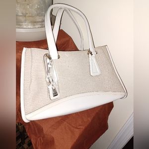 VTG Liz Claiborne Off White burlap with gold accent hardware satchel . (122422A)